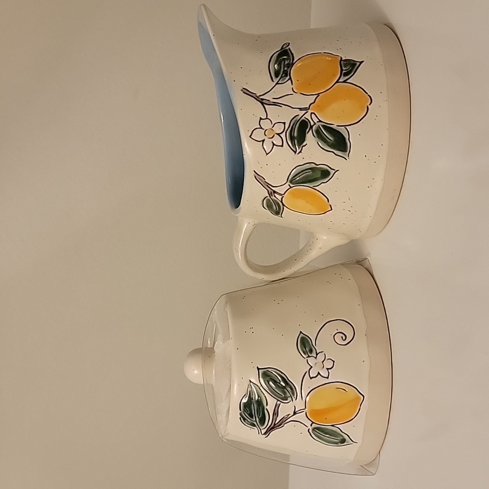 Spectrum Designz Lemons Sugar Bowl W/ Lid & Creamer Pot, NWOT